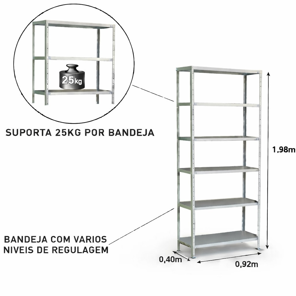 Estante de Aço Cinza 06 Bandejas 40 cm (#26-20) – 1,98×0,92×0,40m – 3004 - Imagem 2