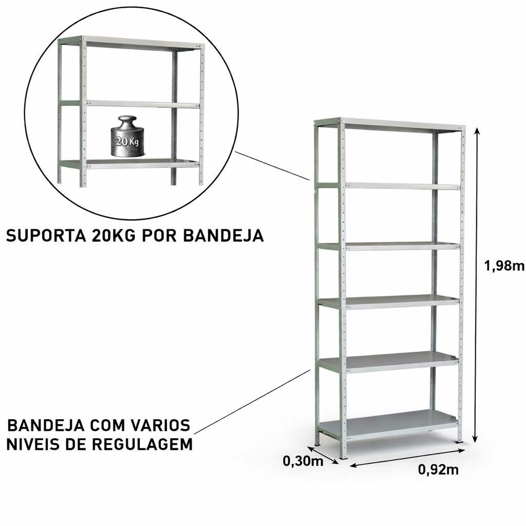 Estante de Aço Cinza 06 bandejas 30 cm (# 26-20) - 1,98×0,92×0,30m - 3001 - Imagem 2