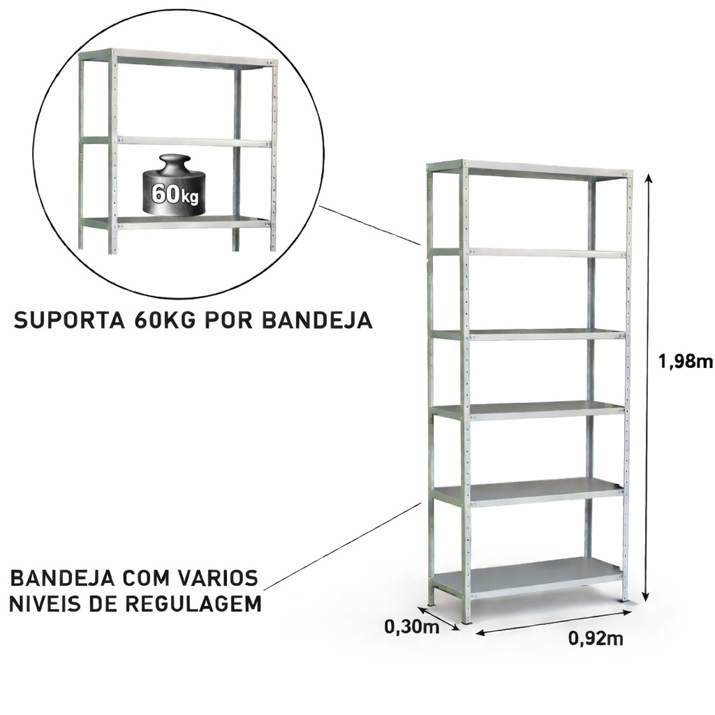 Estante de Aço Cinza 06 Bandejas 30cm (#22-18) - 2,00×0,92×0,30m - 3003 - Imagem 2