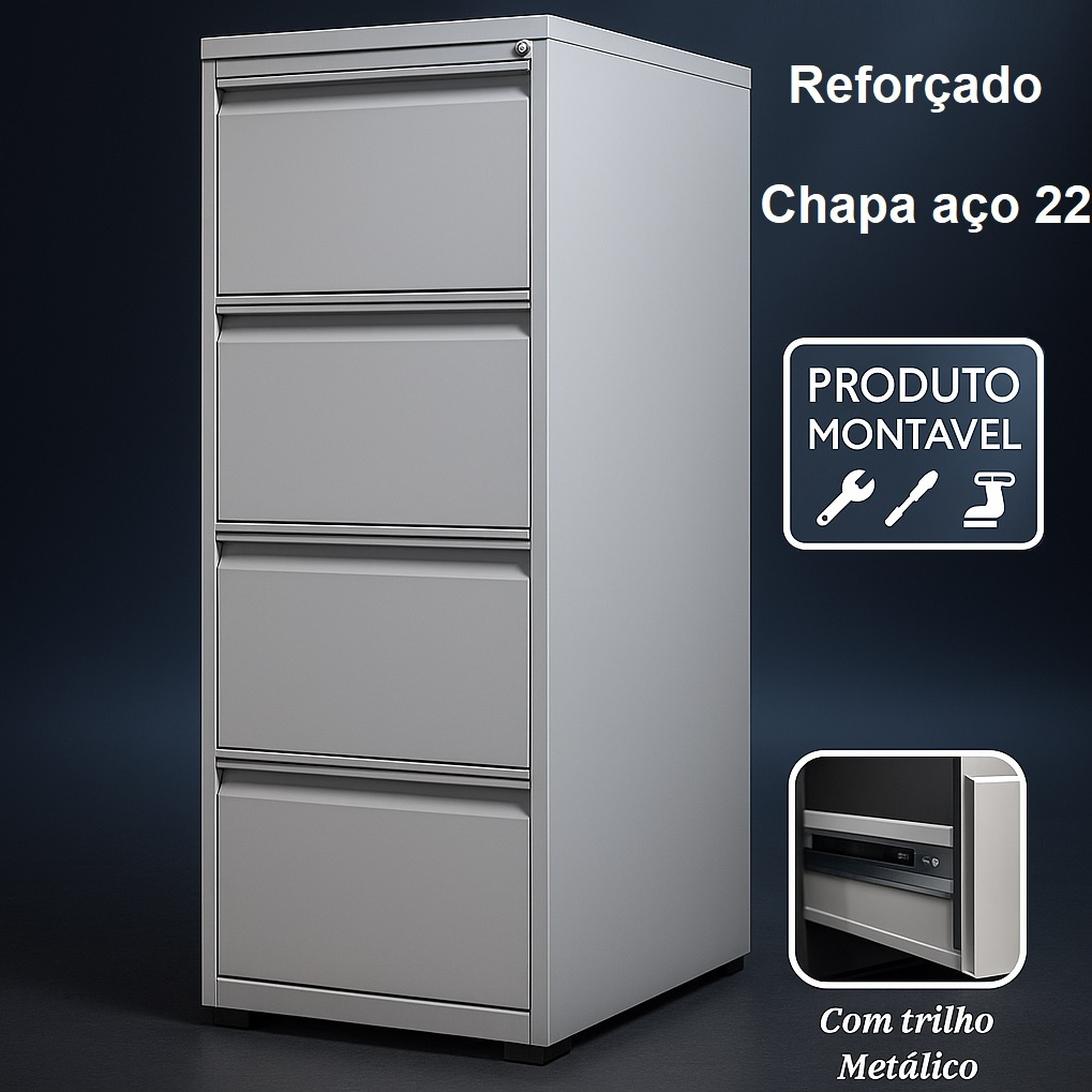 Arquivo de Aço REFORÇADO 04 Gavetas com Trilho Telescópico – Chapa 24 – 1,36×0,47×0,67m – PANDIN - 3308