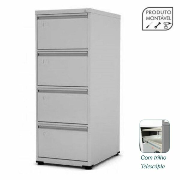 Arquivo de Aço 04 Gavetas com Trilho Telescópico 57cm – Chapa 26 – 1,36×0,47×0,57m – CINZA – PANDIN - 3304