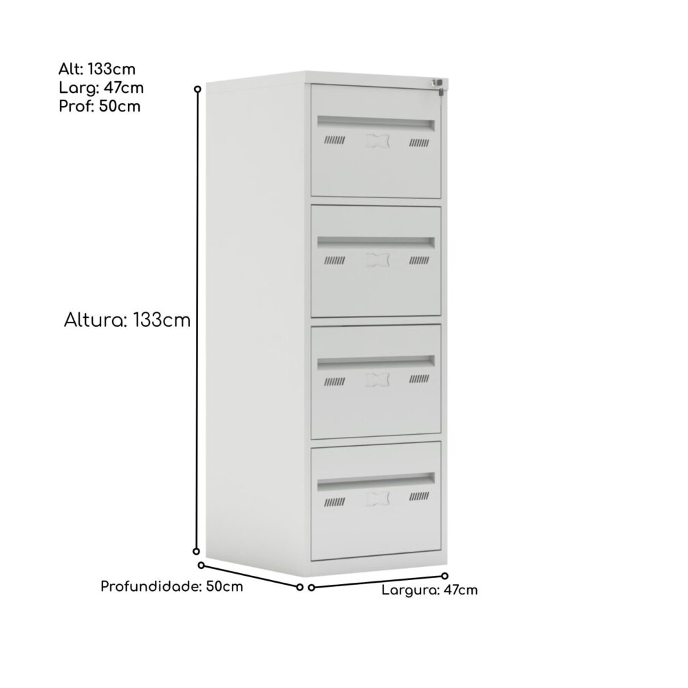 Arquivo de Aço 04 Gavetas – CHAPA # 26- S/ TRILHO TELESCOPIO – (50cm) – 1,33×0,47×0,50m – W3 – Cinza - 3305 - Imagem 2